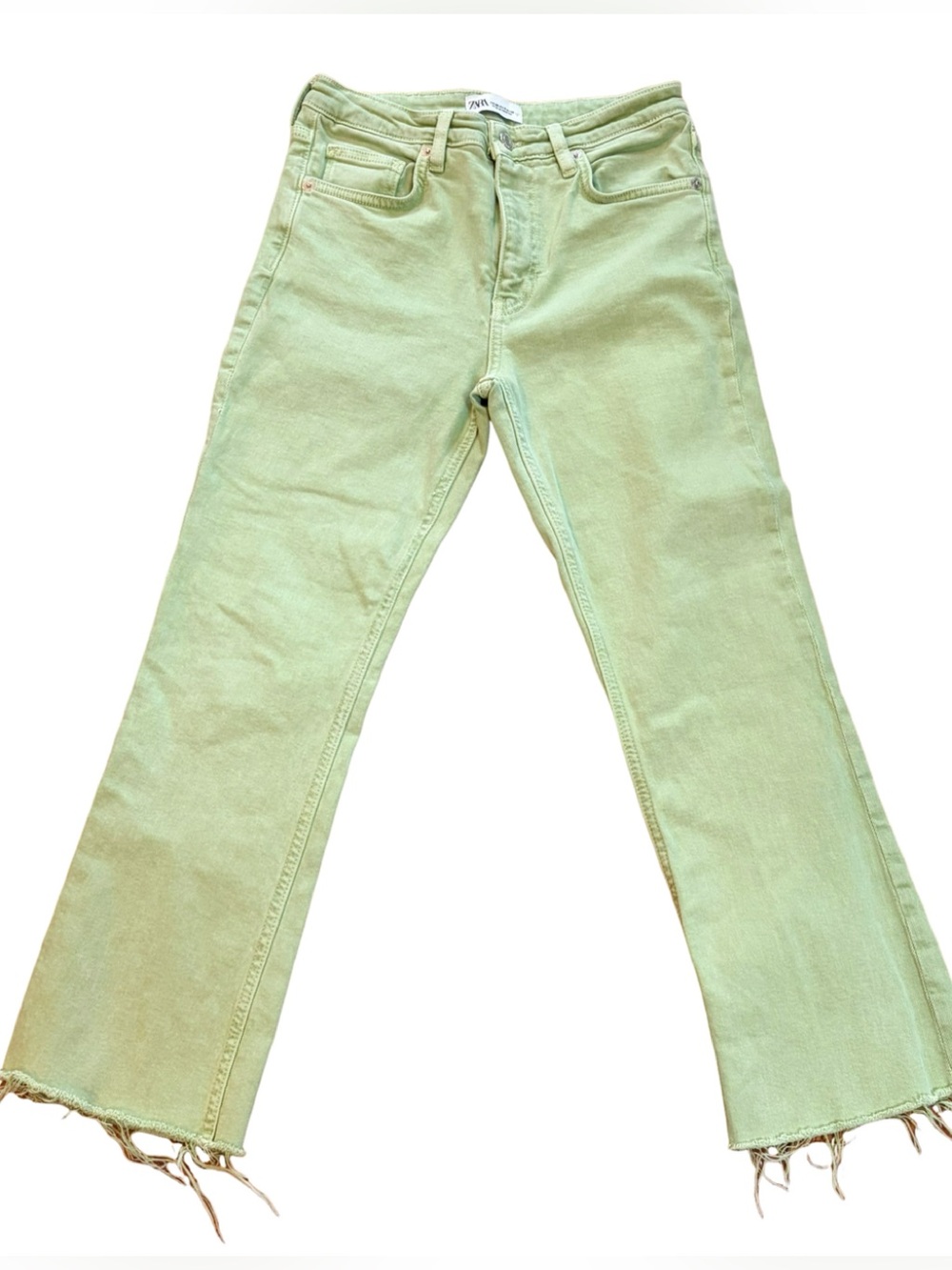 Zara Pistachio Mint Green High Rise Kick Flare Jeans Raw Hem Size 4